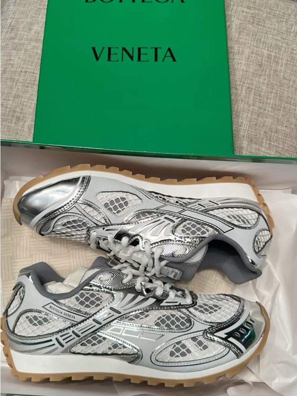 Bottega Veneta Silver and White Mesh Runner Sneakers